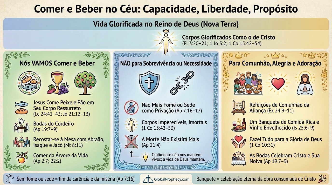 Diagrama explicando que comer no céu é possível, mas não necessário, destacando alegria, comunhão e adoração.