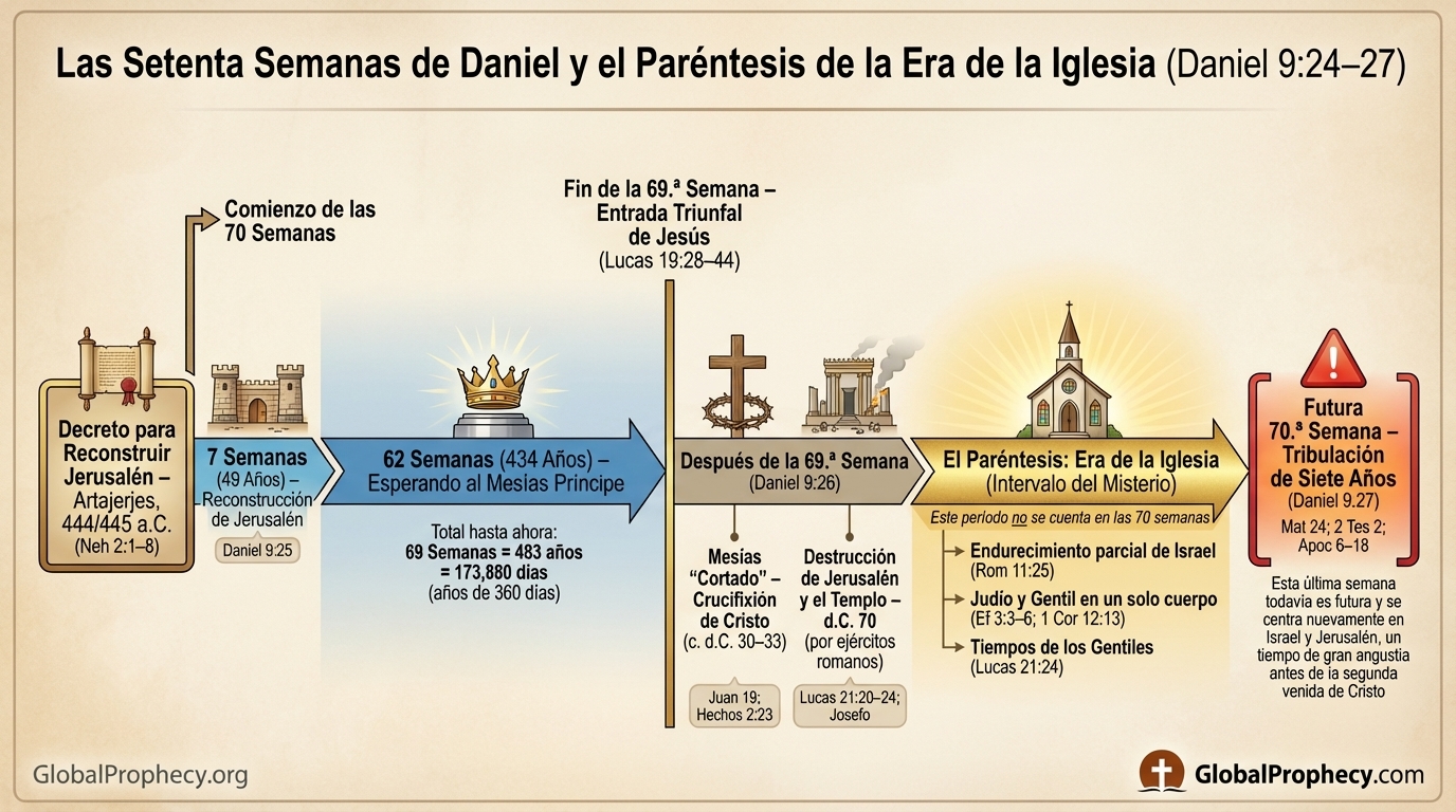 Línea de tiempo infográfica de las setenta semanas de Daniel con el intervalo de la era de la iglesia entre la 69ª y la 70ª semana.
