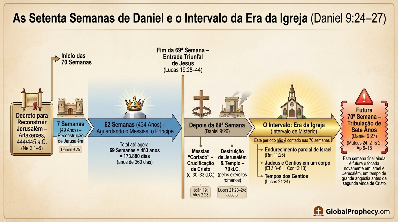 Linha do tempo em infográfico das setenta semanas de Daniel com a lacuna da era da igreja entre a 69ª e a 70ª semana.