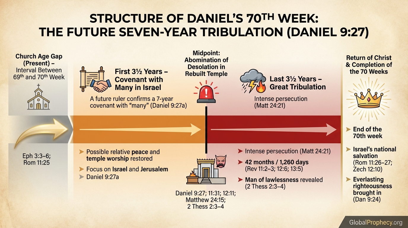 Infographic of the structure of Daniel’s future 70th week as a seven-year tribulation divided into two halves.