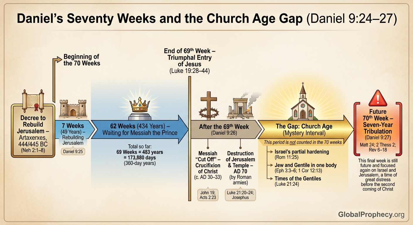 Infographic timeline of Daniel’s seventy weeks with the church age gap between the 69th and 70th week.