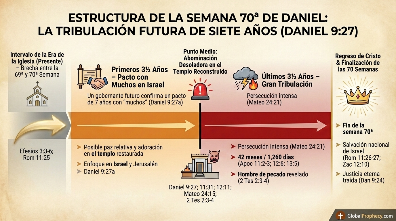 Infografía de la estructura de la 70ª semana futura de Daniel como una tribulación de siete años dividida en dos mitades.