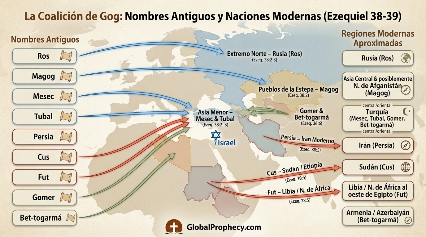 Infografía que muestra la coalición de Gog con nombres antiguos y sus equivalentes modernos de naciones según Ezequiel 38-39.