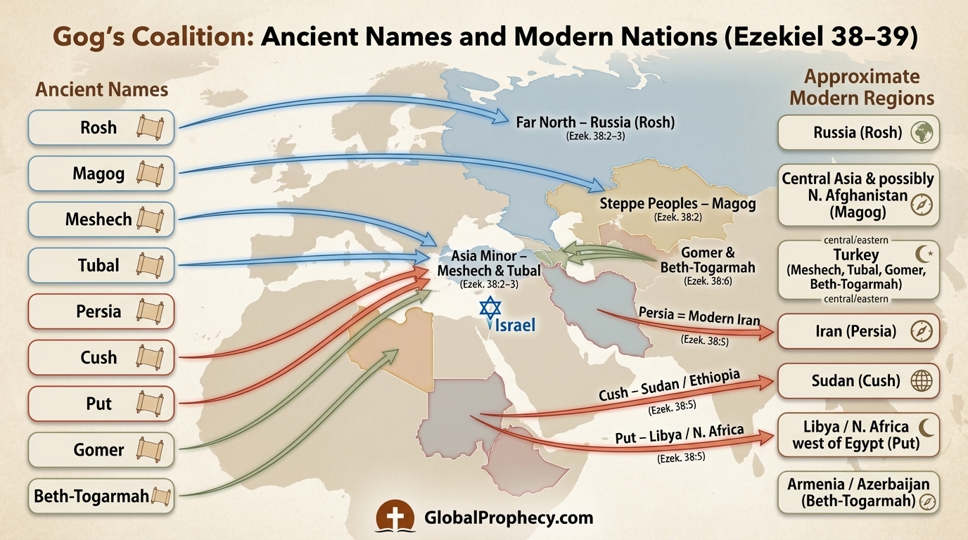 Infographic showing Gog’s coalition with ancient names and their modern nation equivalents from Ezekiel 38–39.