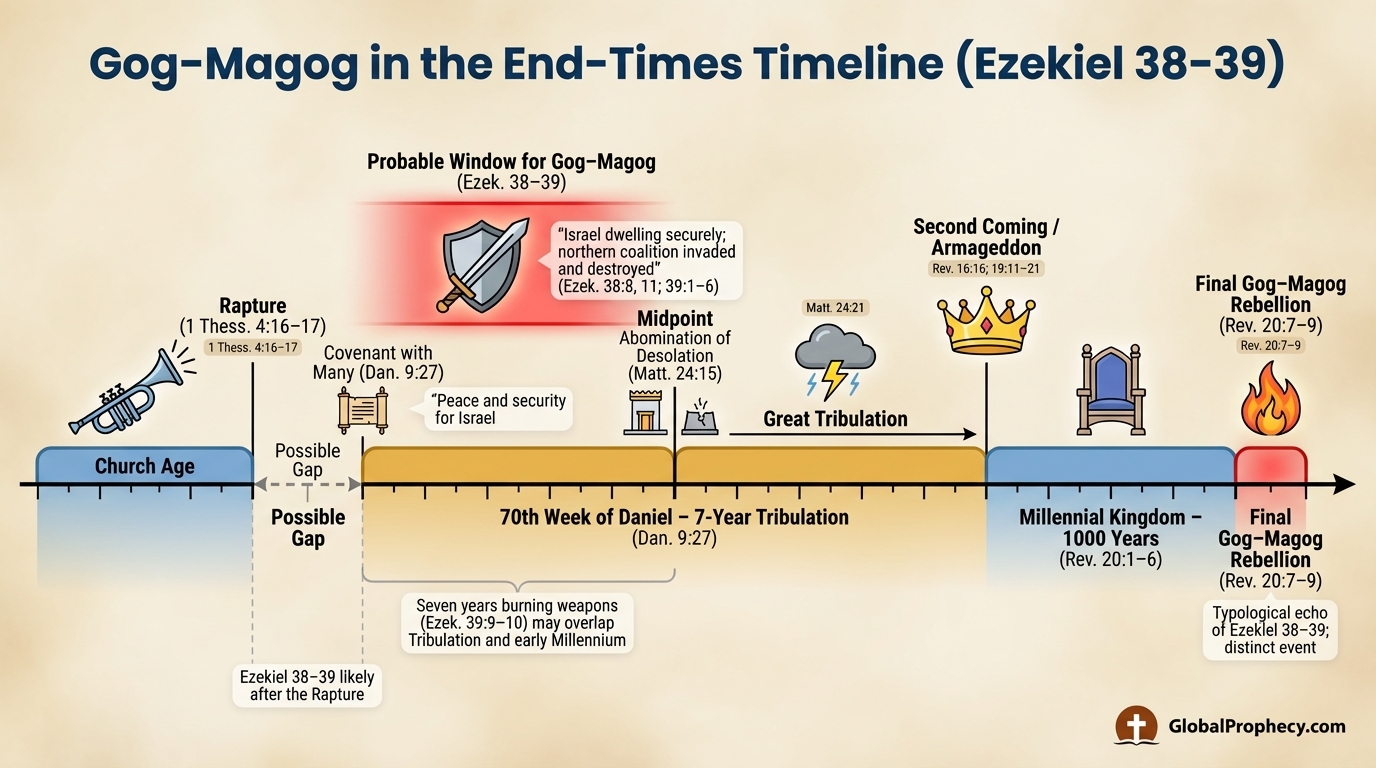 Infographic timeline placing Ezekiel’s Gog–Magog war in relation to the Rapture, Tribulation, Armageddon, and Revelation 20.