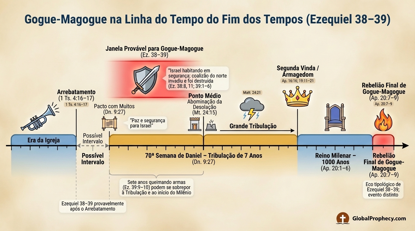 Linha do tempo em infográfico colocando a guerra de Gog e Magog de Ezequiel em relação ao Arrebatamento, Tribulação, Armagedom e Apocalipse 20.