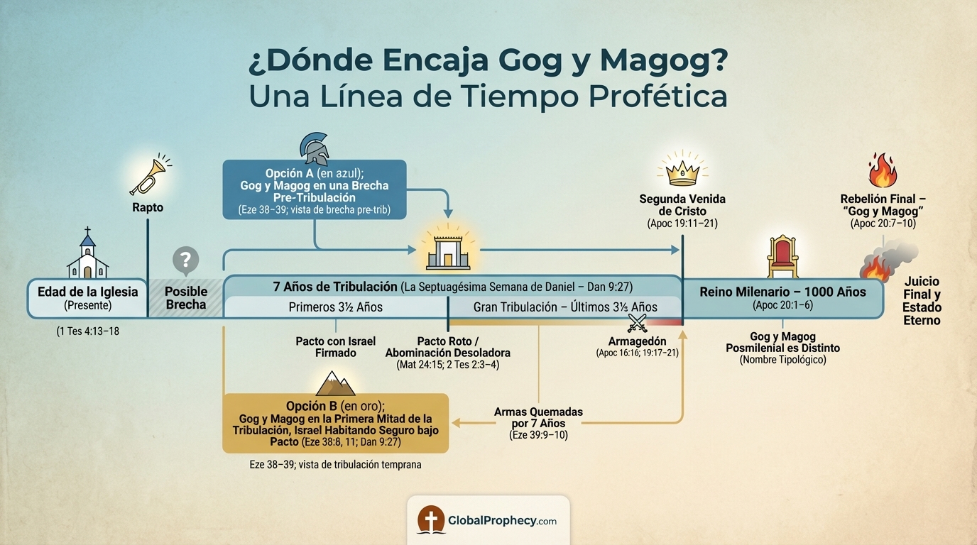 Infografía de línea de tiempo que muestra dónde encaja la invasión de Gog y Magog en relación con el rapto y la tribulación.