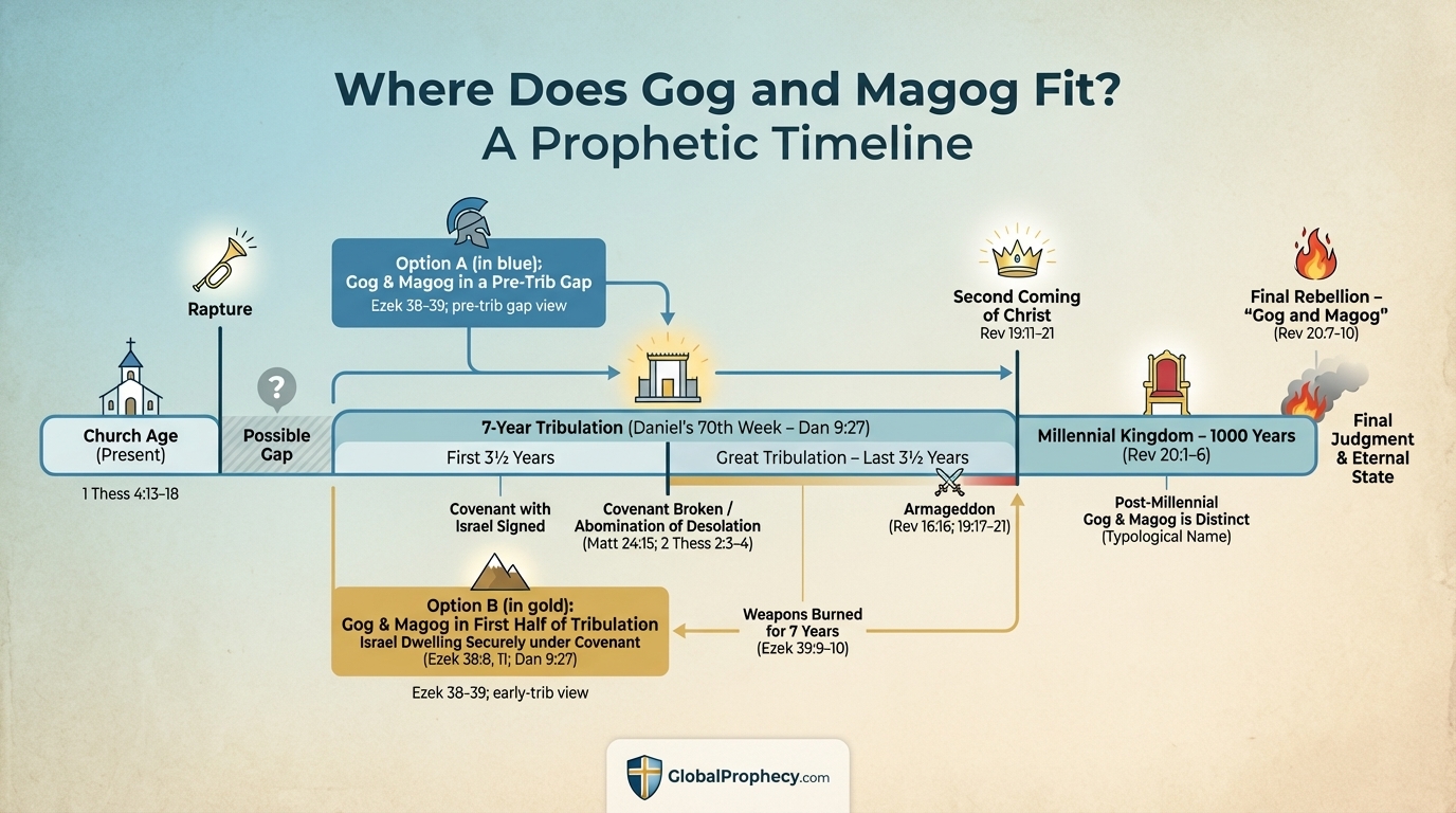 Timeline infographic showing where the Gog and Magog invasion fits in relation to the rapture and tribulation.