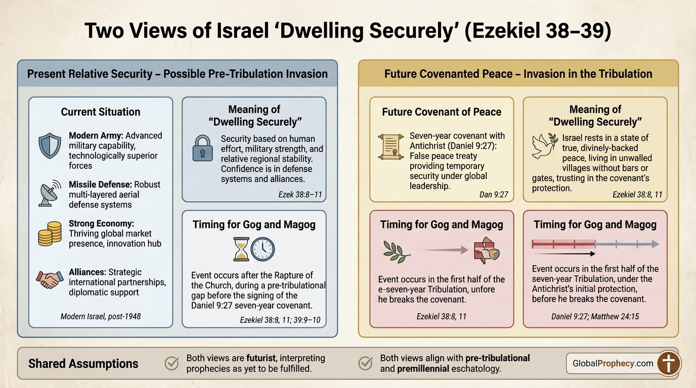 Infographic comparing two views of Israel dwelling securely before the Gog and Magog invasion.