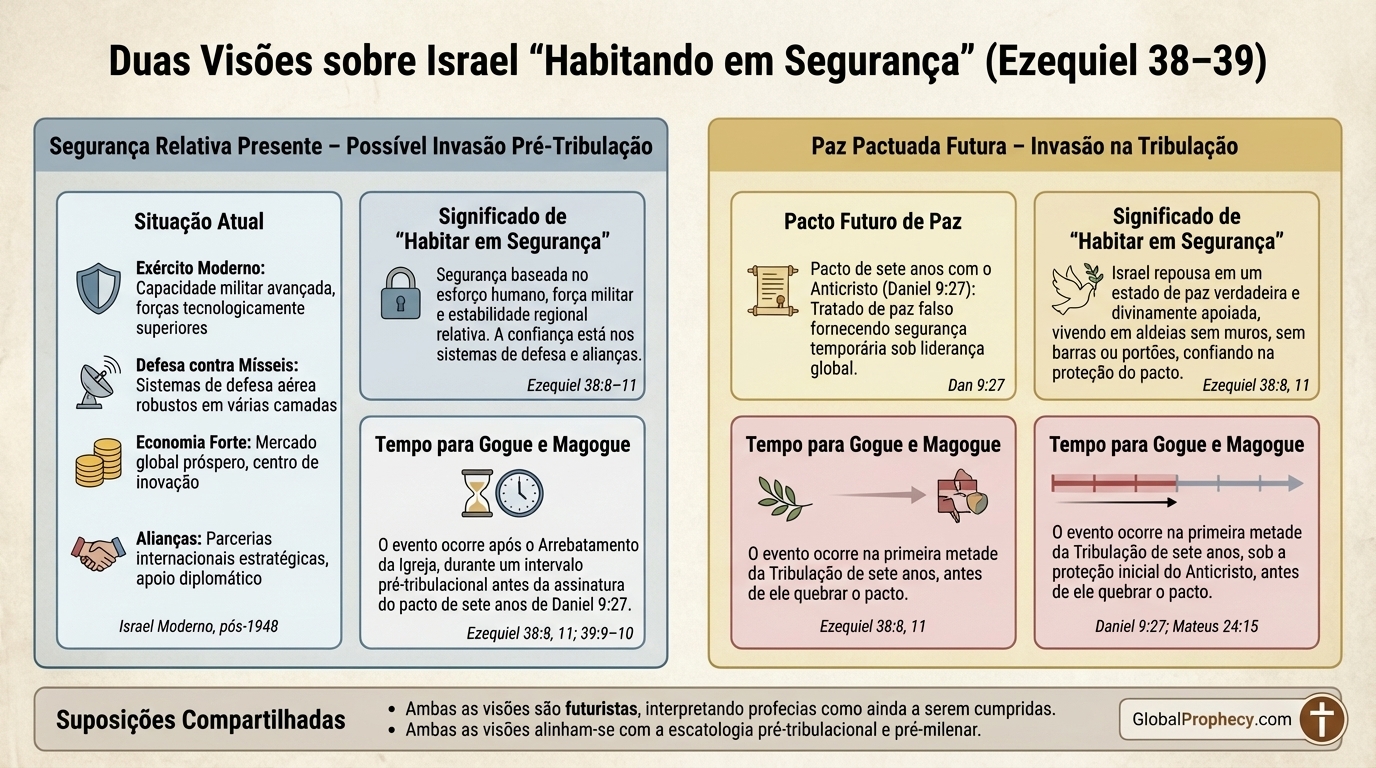 Infográfico comparando duas visões de Israel habitando seguramente antes da invasão de Gog e Magog.