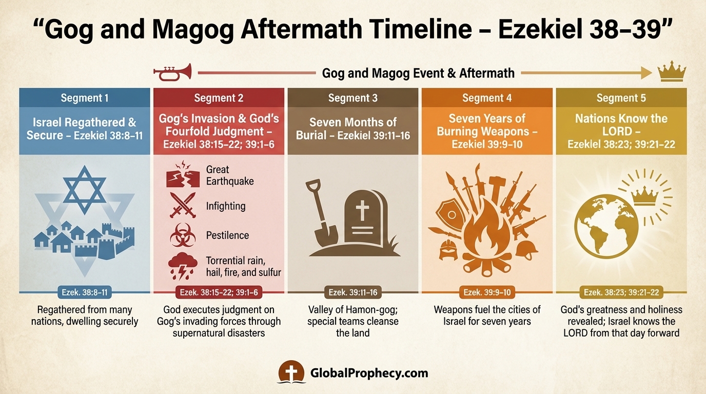 Infographic timeline of the Gog and Magog invasion, God’s judgment, and the seven-month and seven-year aftermath.