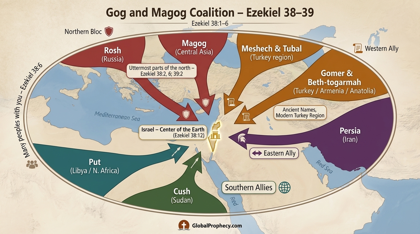 Infographic map showing Gog and Magog coalition nations surrounding modern Israel per Ezekiel 38–39.
