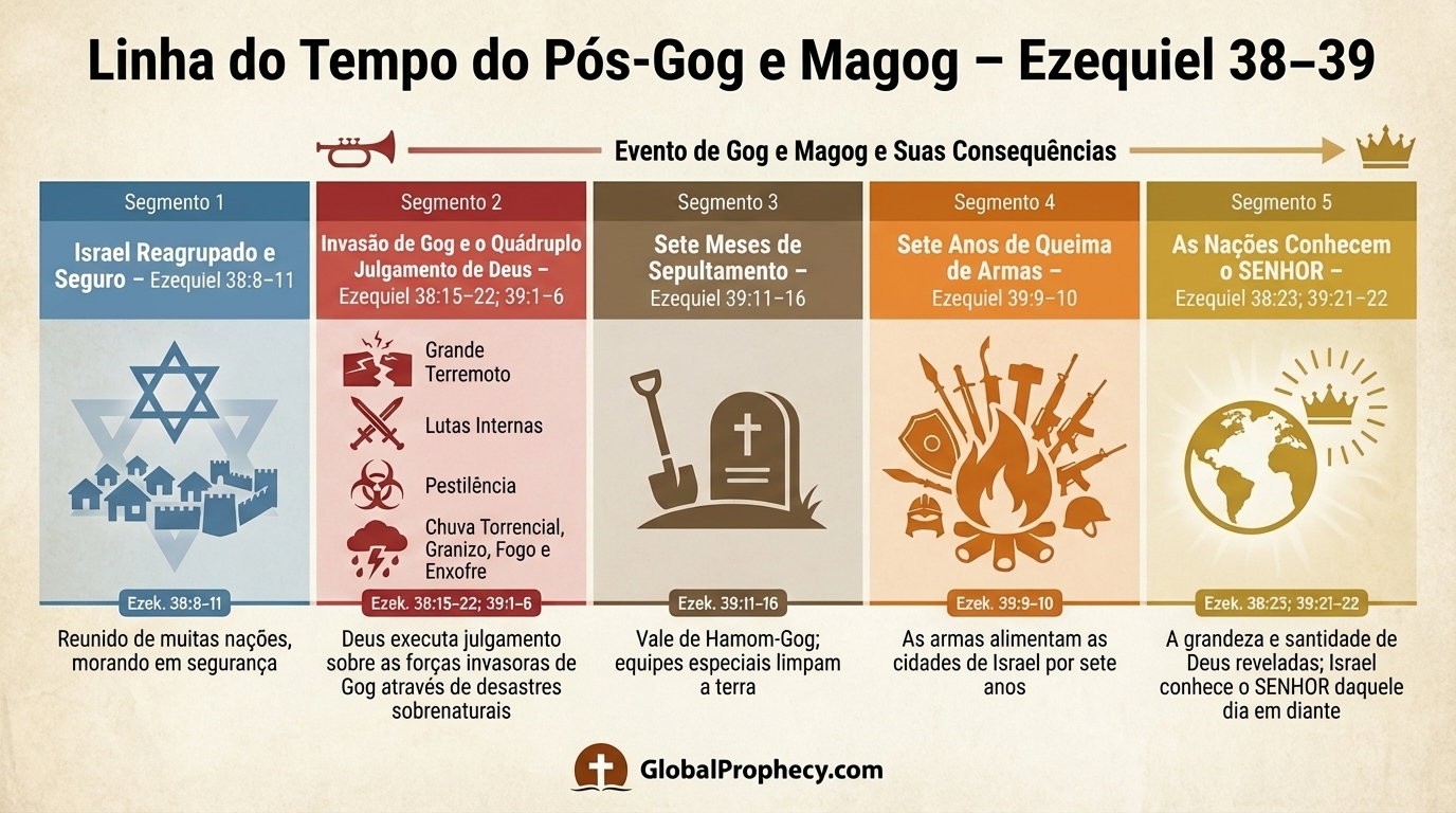 Linha do tempo infográfica da invasão de Gog e Magog, o juízo de Deus e as consequências de sete meses e sete anos.