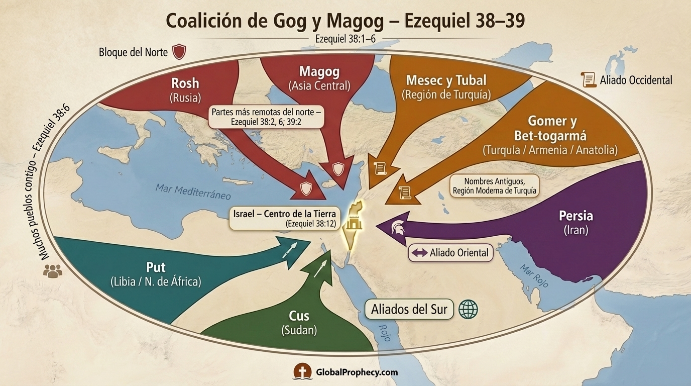Mapa infográfico que muestra las naciones de la coalición de Gog y Magog rodeando el Israel moderno según Ezequiel 38-39.