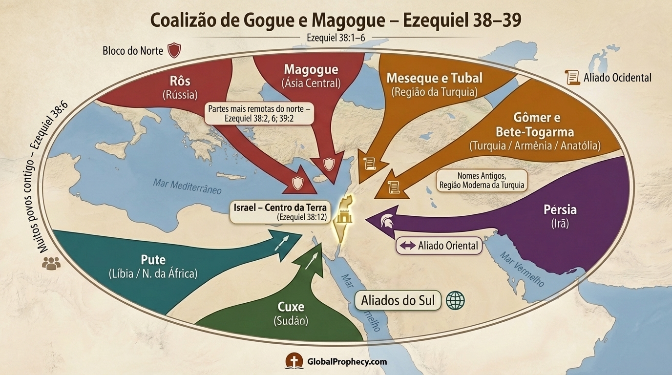 Mapa infográfico mostrando as nações da coalizão de Gog e Magog ao redor de Israel moderno conforme Ezequiel 38-39.