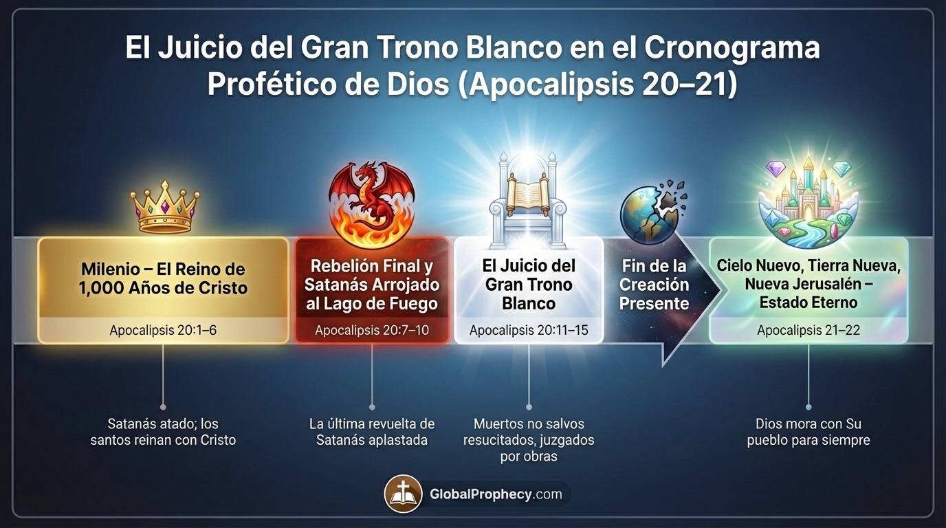Infografía de línea de tiempo que muestra el Juicio del Gran Trono Blanco después del Milenio y antes de la nueva creación.