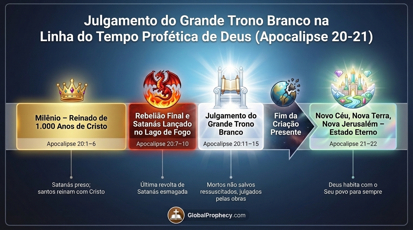 Infográfico de linha do tempo mostrando o Grande Julgamento do Trono Branco após o Milênio e antes da nova criação.