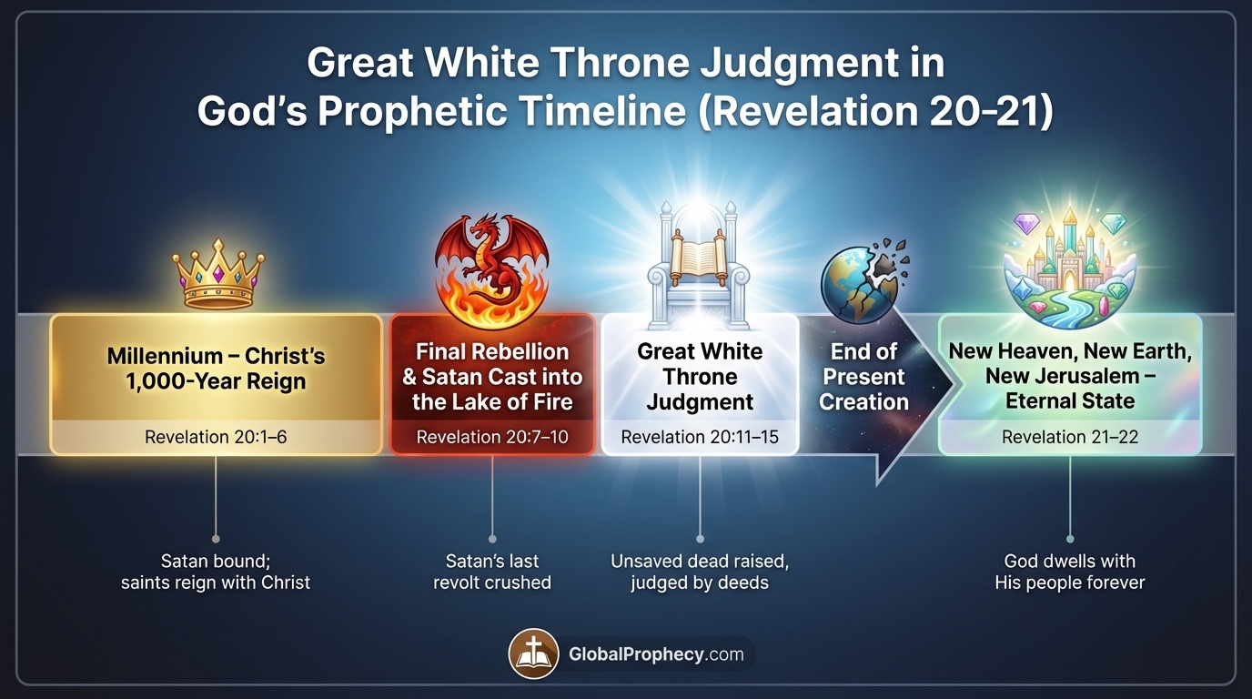 Timeline infographic showing the Great White Throne Judgment after the Millennium and before the new creation.