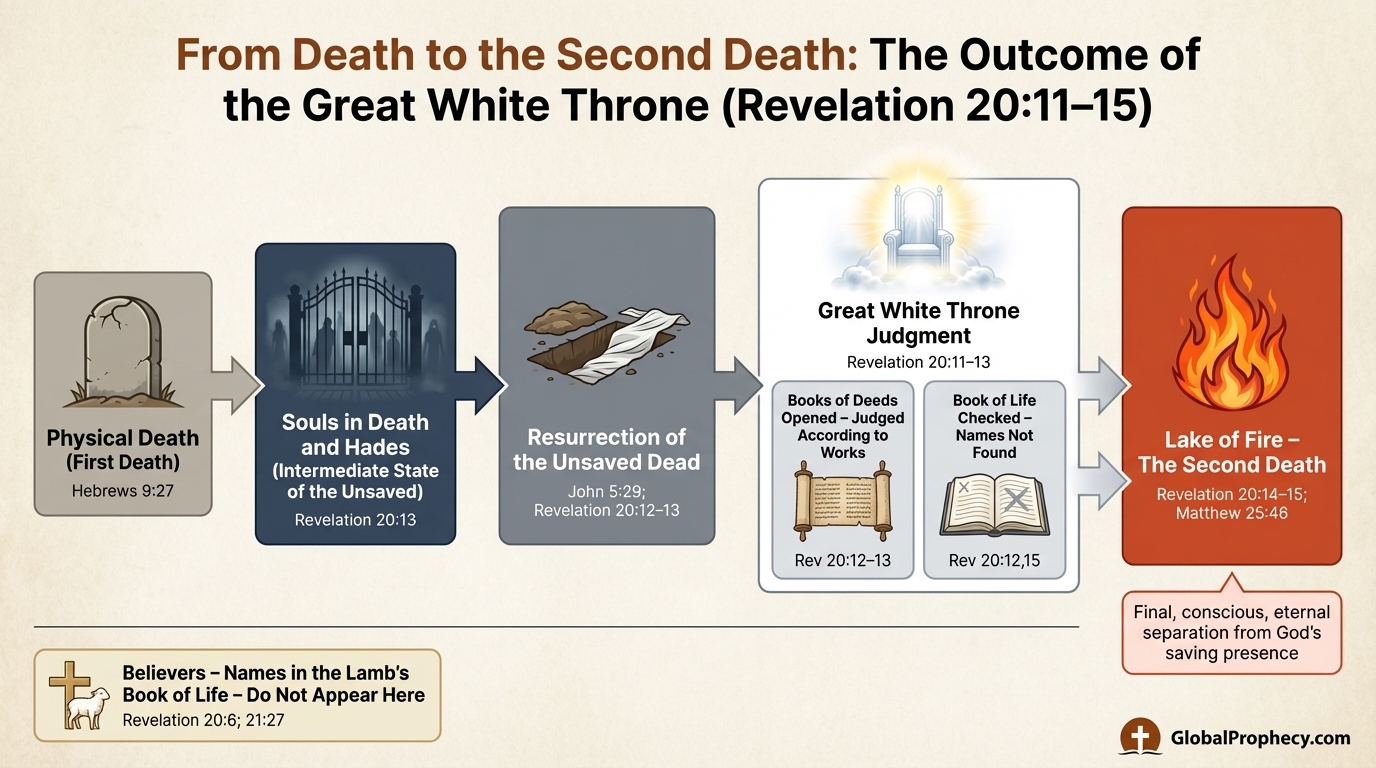 Flow diagram showing the unsaved dead moving from Death and Hades to the Great White Throne and the lake of fire.
