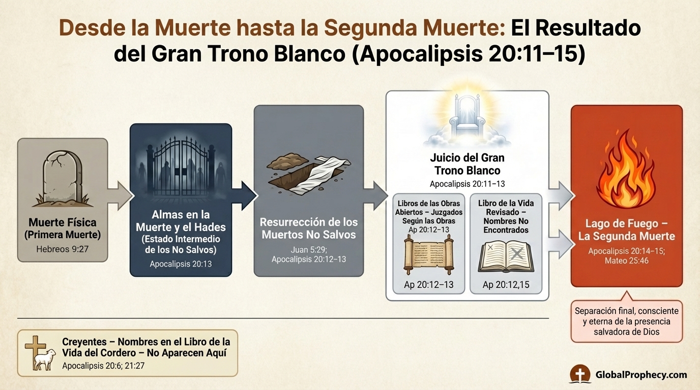 Diagrama de flujo que muestra a los muertos no salvados moviéndose de la Muerte y el Hades al Gran Trono Blanco y al lago de fuego.