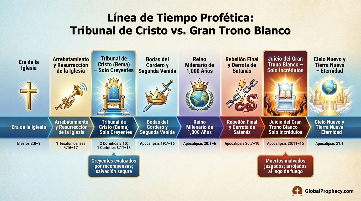Línea de tiempo infográfica que muestra cuándo ocurren el Tribunal de Cristo y el Gran Trono Blanco en la profecía.