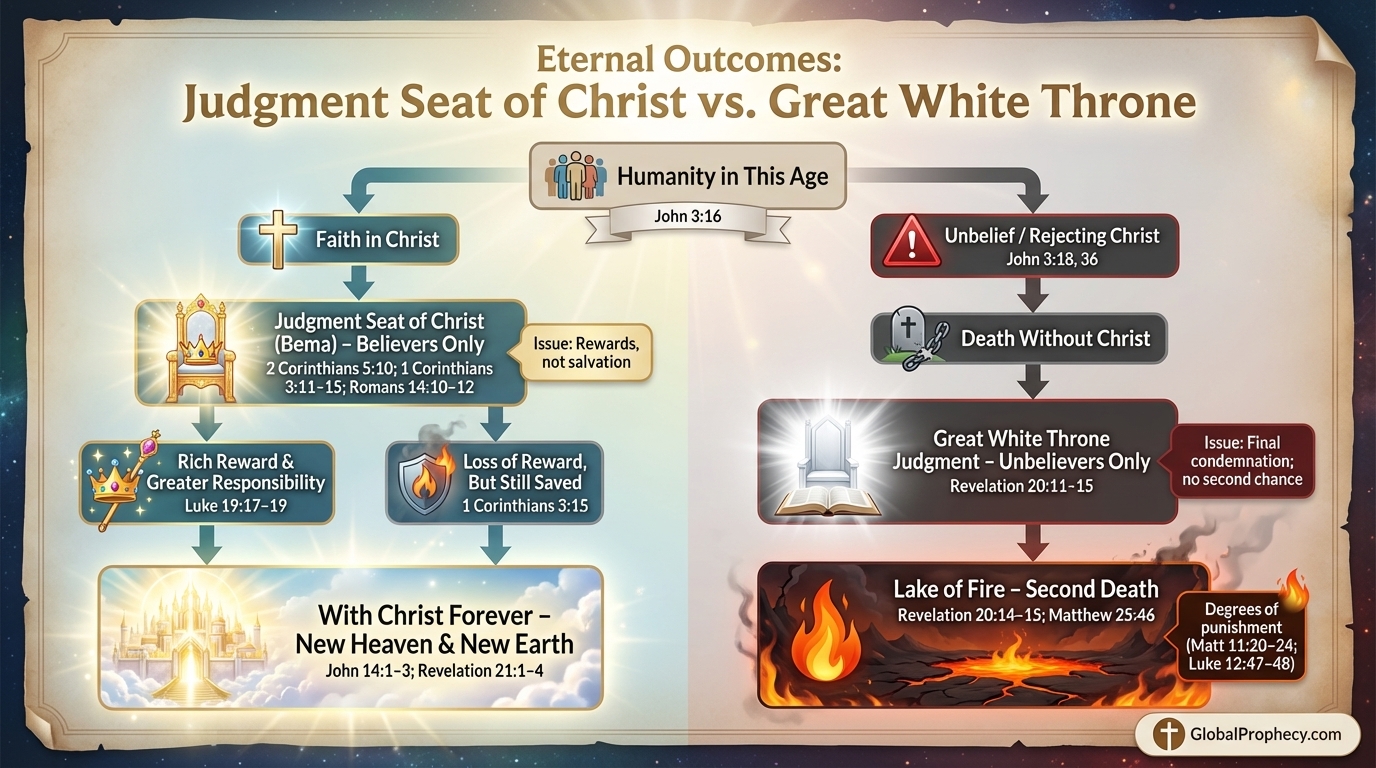 Flow diagram comparing eternal outcomes from the Judgment Seat of Christ and the Great White Throne.
