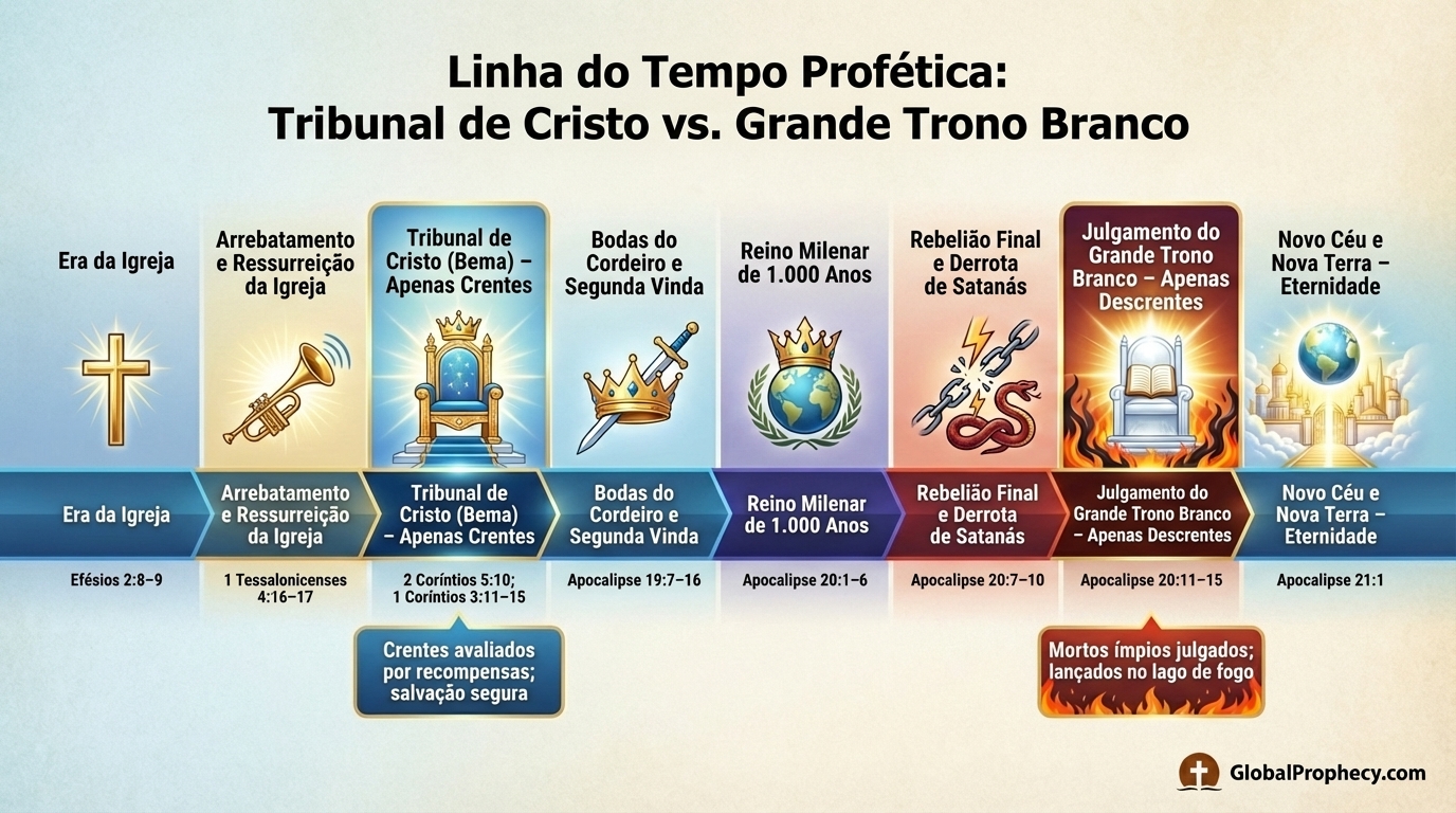 Linha do tempo em infográfico mostrando quando o Tribunal de Cristo e o Grande Trono Branco ocorrem na profecia.