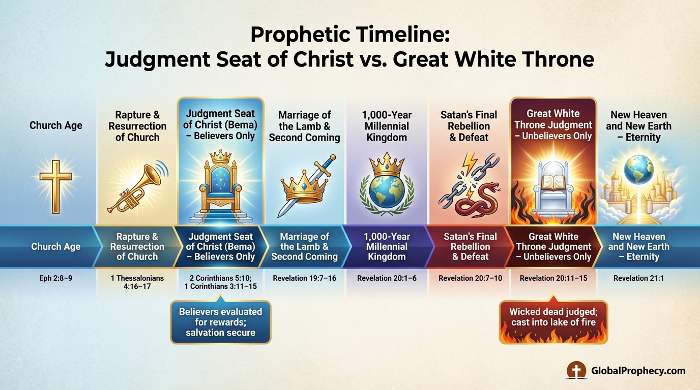 Infographic timeline showing when the Judgment Seat of Christ and the Great White Throne occur in prophecy.
