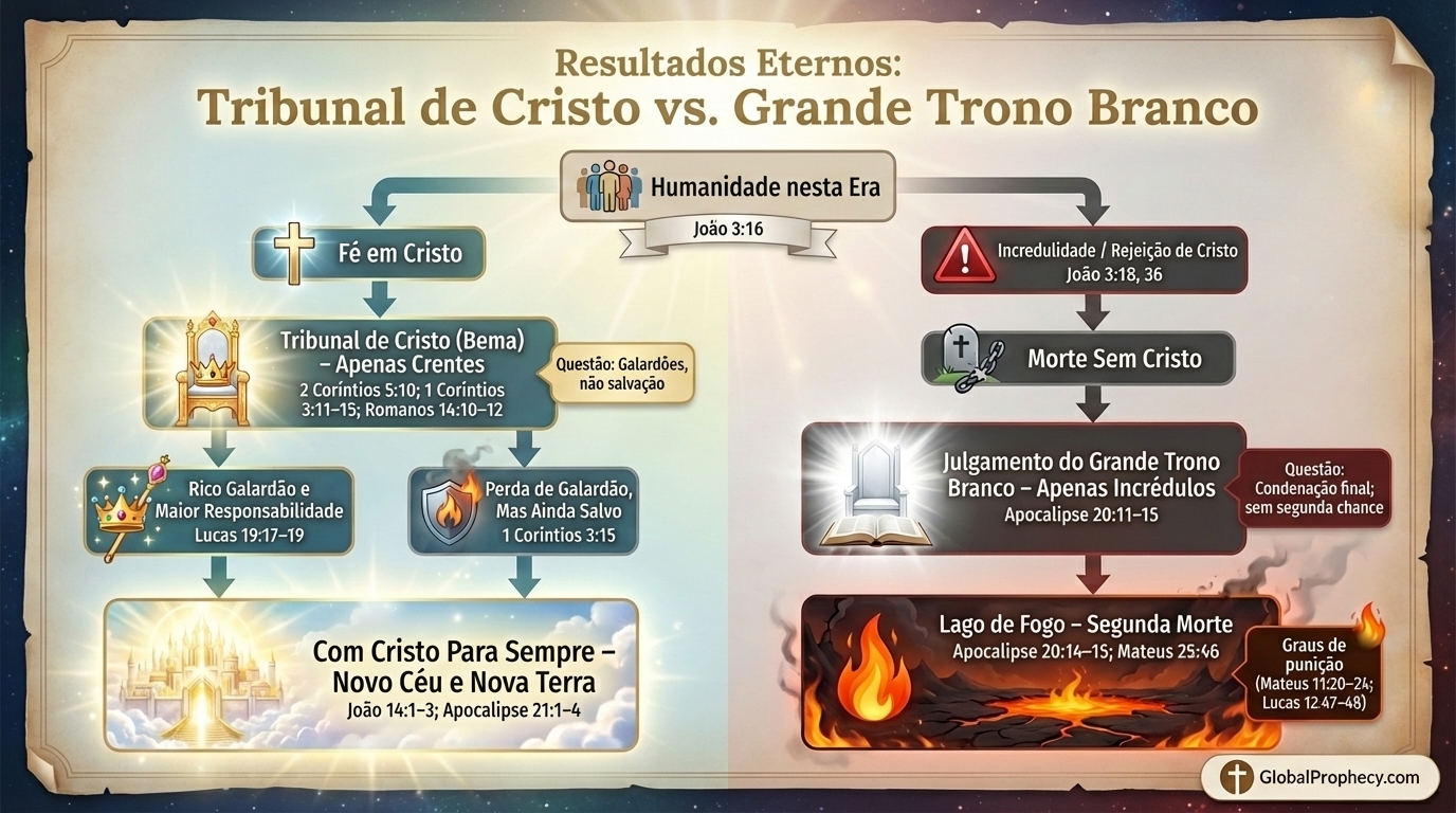 Diagrama de fluxo comparando os resultados eternos do Tribunal de Cristo e do Grande Trono Branco.