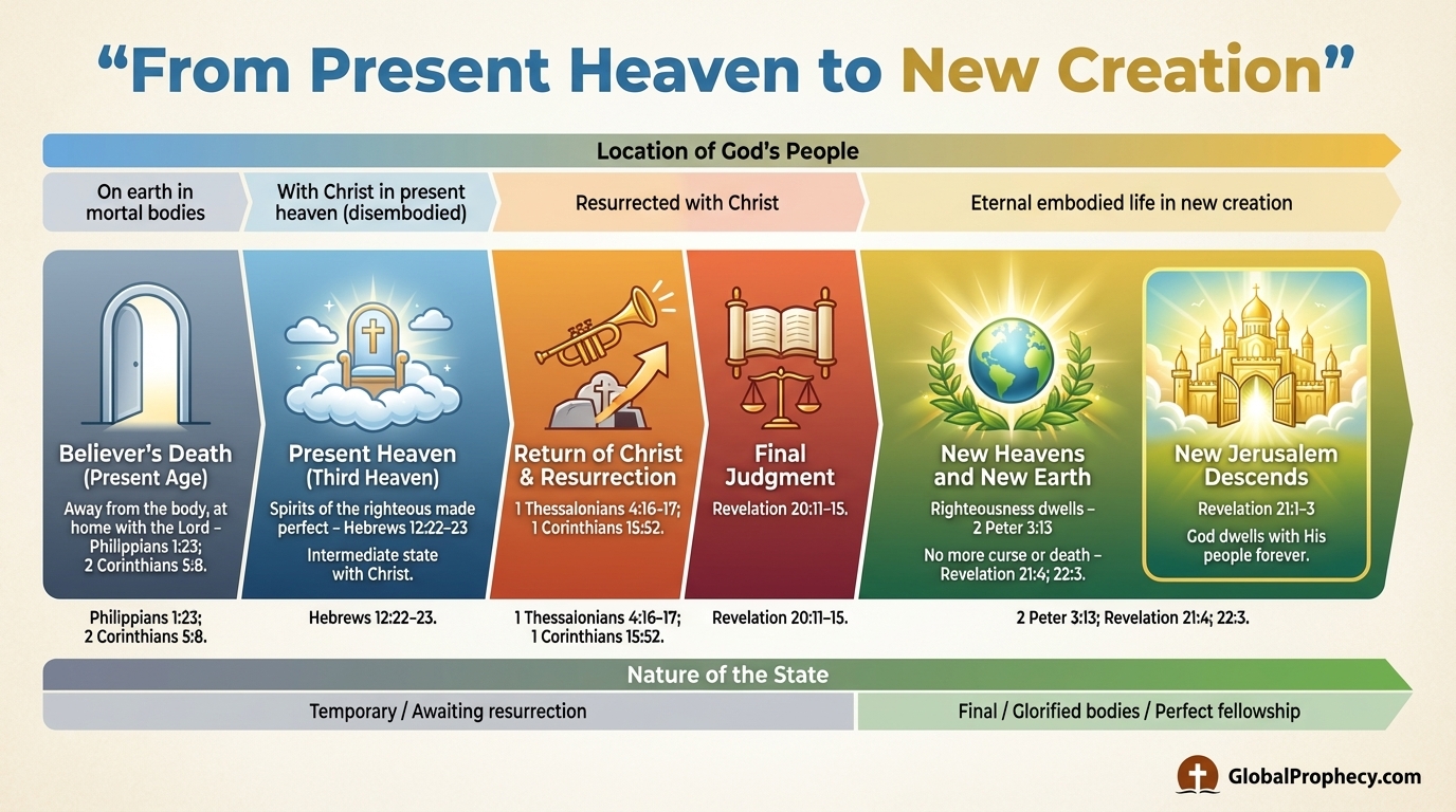 Infographic timeline contrasting present heaven with Christ’s return and the new heavens and new earth.