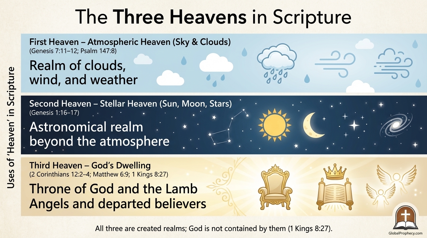 Infographic diagram showing the Bible’s three heavens: sky, space, and God’s dwelling.