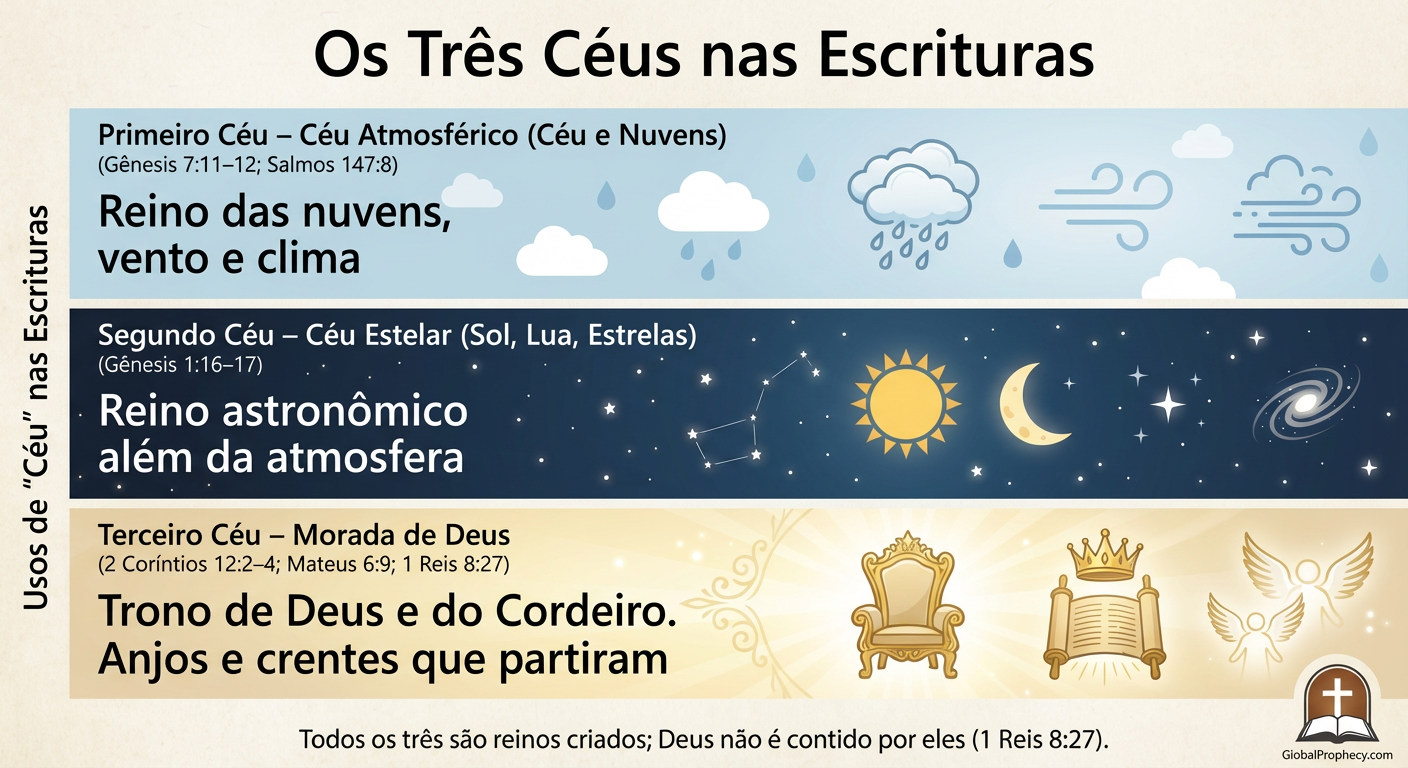 Diagrama informativo mostrando os três céus da Bíblia: céu, espaço e morada de Deus.
