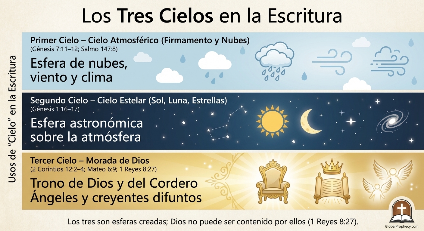 Diagrama infográfico que muestra los tres cielos de la Biblia: cielo, espacio y morada de Dios.