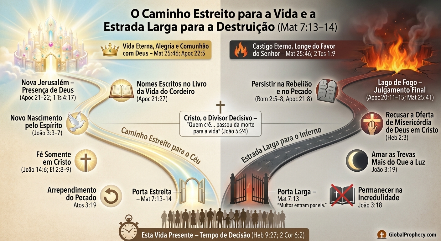 Diagrama infográfico do caminho estreito para o céu e da estrada larga para o inferno na escatologia bíblica.