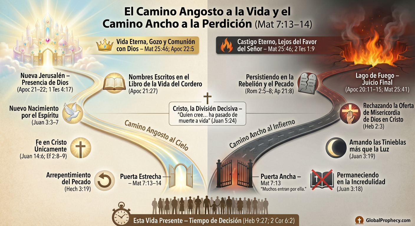Diagrama infográfico del camino estrecho hacia el cielo y la carretera ancha hacia el infierno en la escatología bíblica.