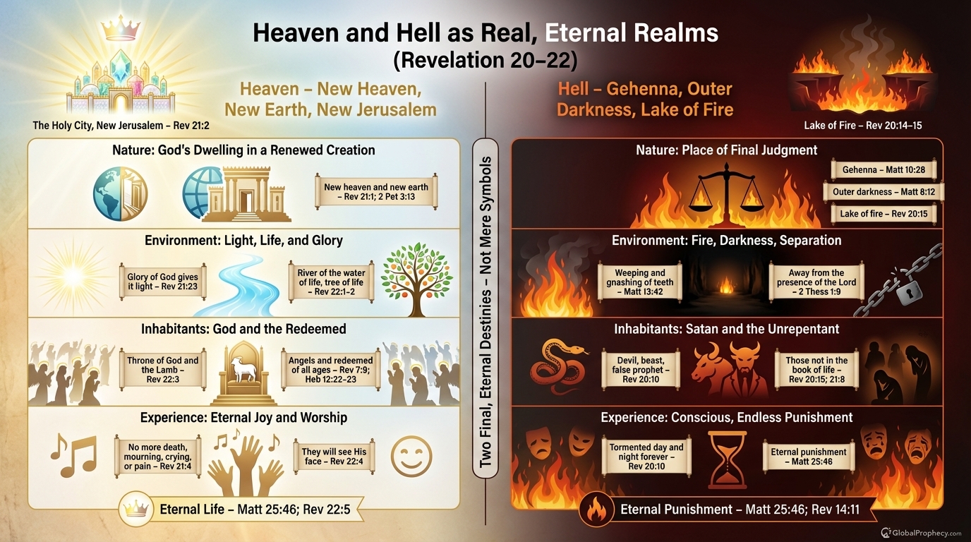 Infographic contrasting heaven’s New Jerusalem and hell’s lake of fire as real, eternal destinations.