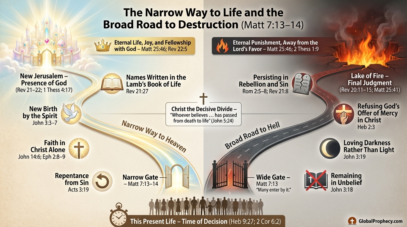 Infographic diagram of the narrow way to heaven and the broad road to hell in biblical eschatology.