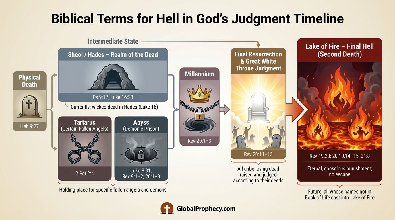 Infographic of biblical terms for hell from Sheol and Hades to the final lake of fire in Godâs judgment timeline.