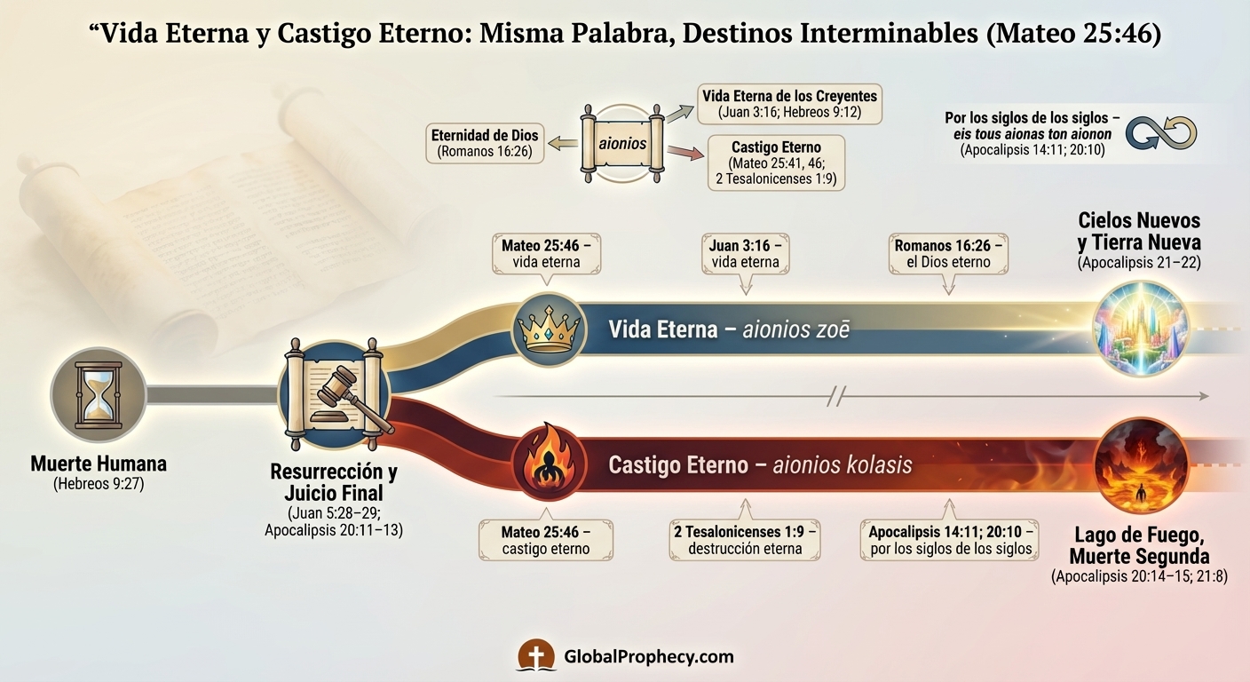 Infografía que muestra el juicio final que conduce a la vida eterna o al castigo eterno utilizando términos bíblicos compartidos para la eternidad.