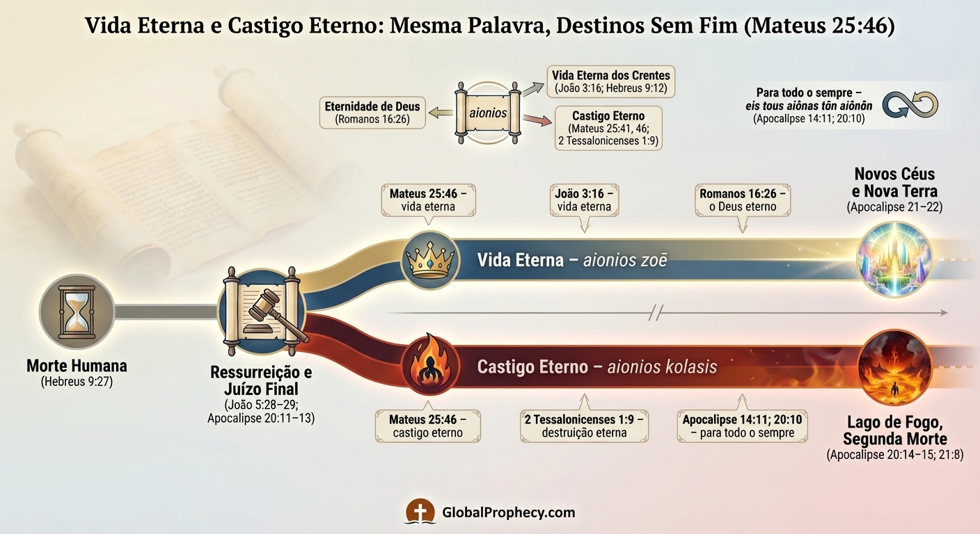 Infográfico mostrando o julgamento final que leva à vida eterna ou punição eterna, usando termos bíblicos compartilhados para eternidade.