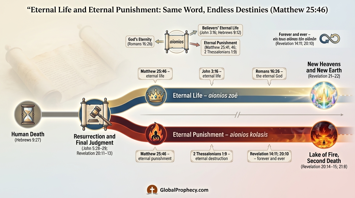 Infographic showing final judgment leading to eternal life or eternal punishment using shared biblical terms for eternity.