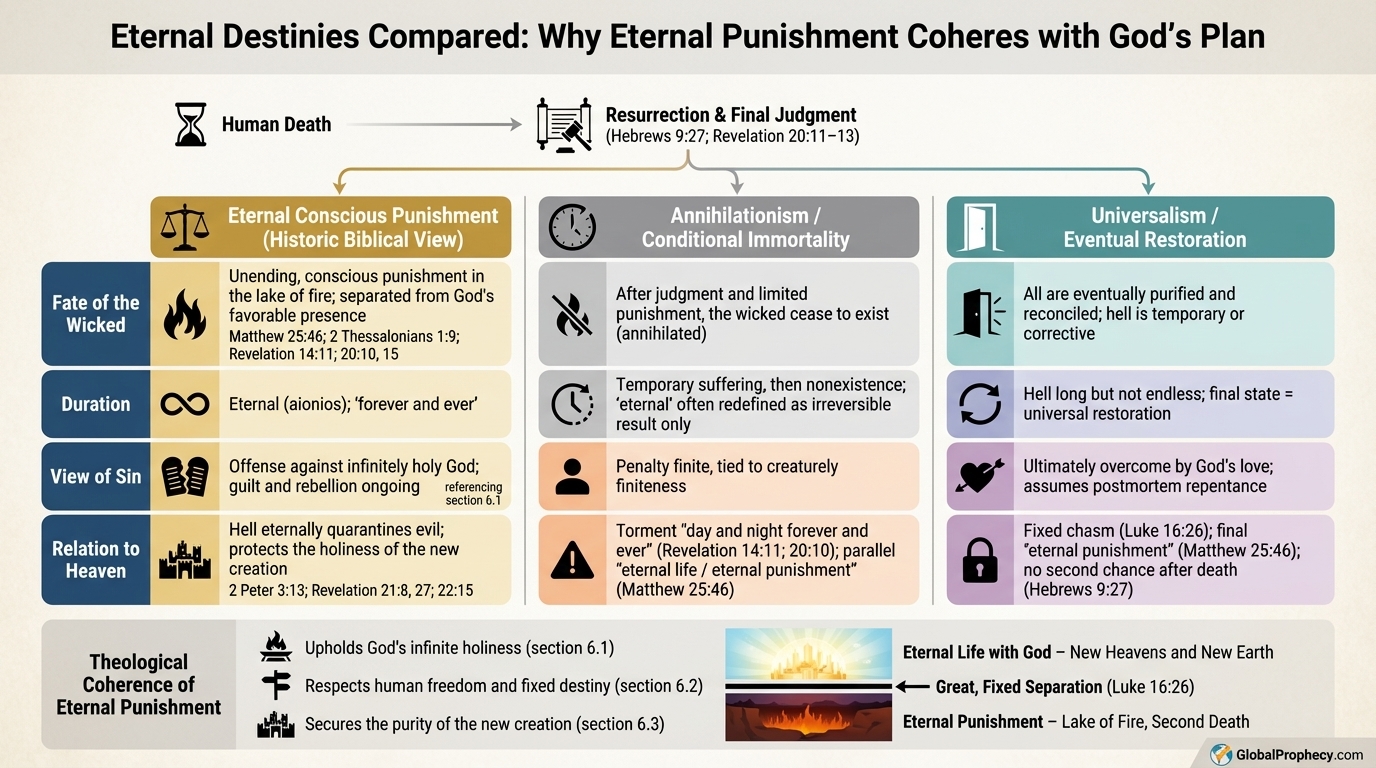 Comparison chart of eternal punishment, annihilationism, and universalism showing their final destinies and key scriptures.
