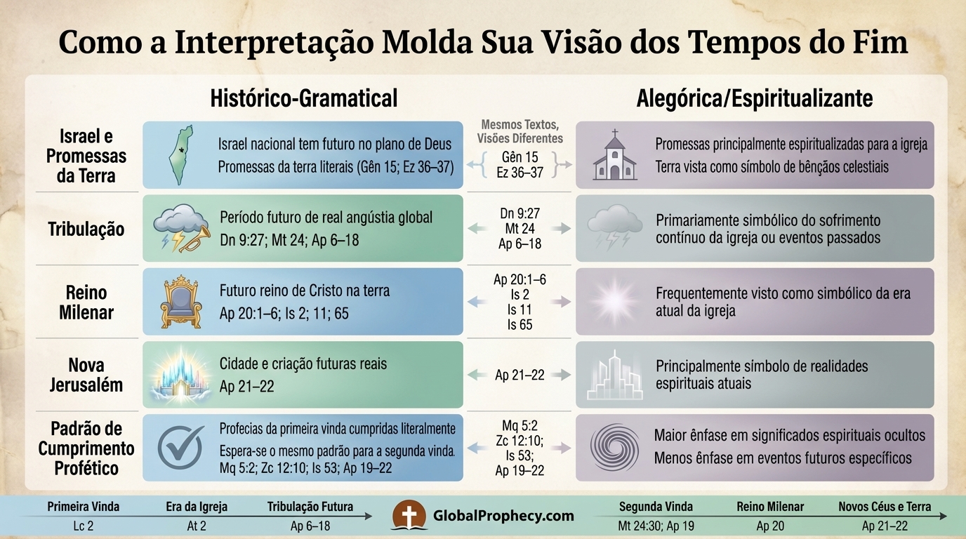Gráfico de duas colunas comparando interpretações históricas-gramaticais e alegóricas dos tempos finais.