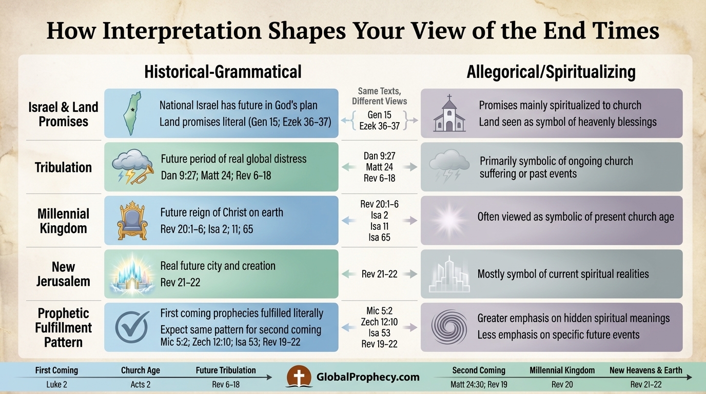 Two-column chart comparing historical-grammatical and allegorical end-times interpretations.