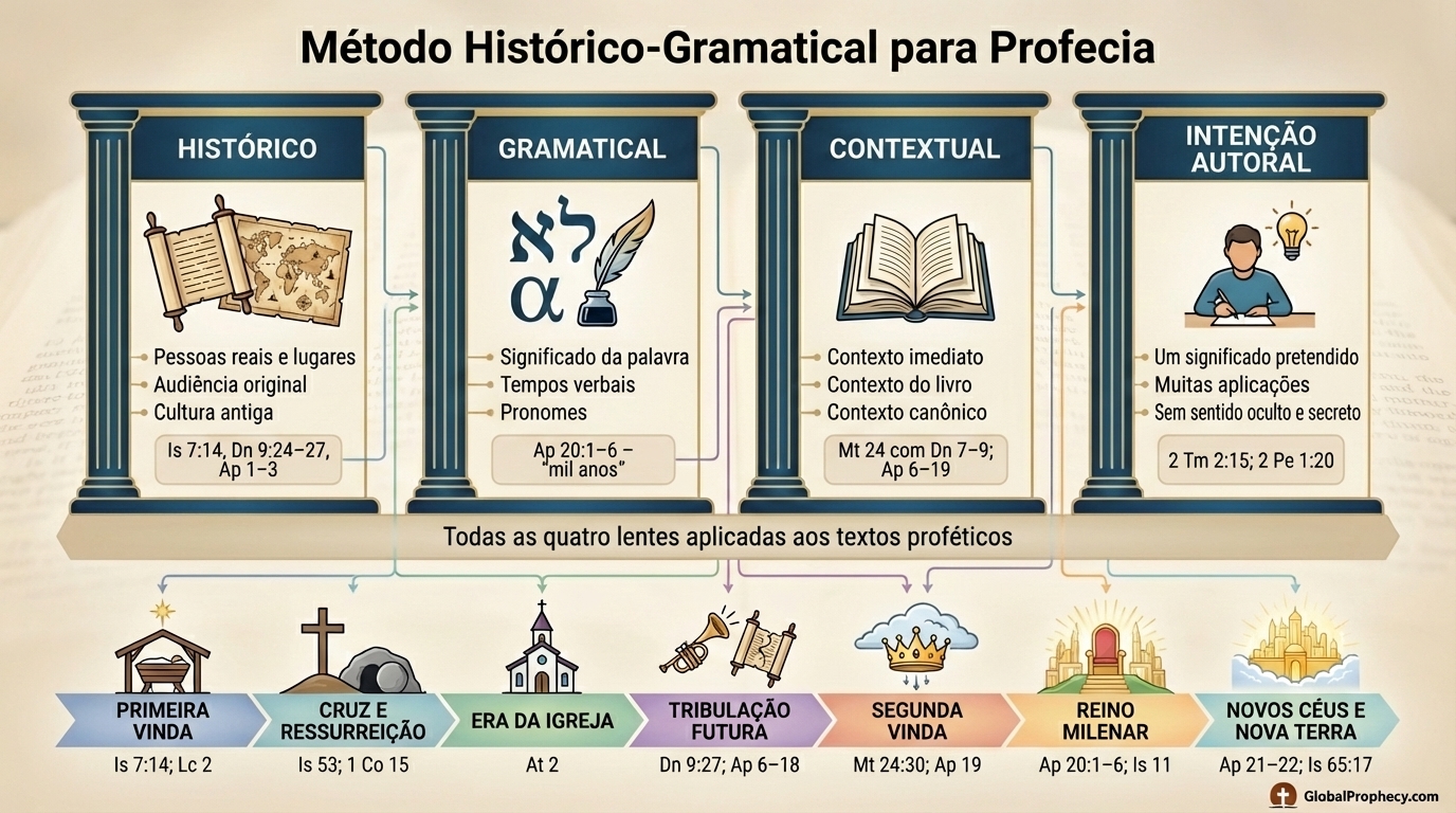 Infográfico mostrando os pilares do método histórico-gramatical e uma linha do tempo profética.