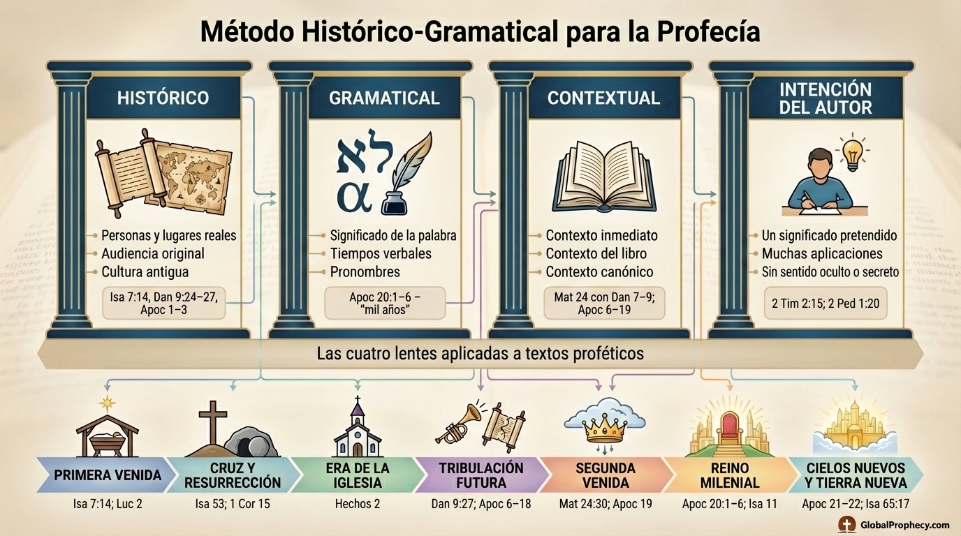Infografía que muestra los pilares del método histórico-gramatical y una franja de línea de tiempo profética.