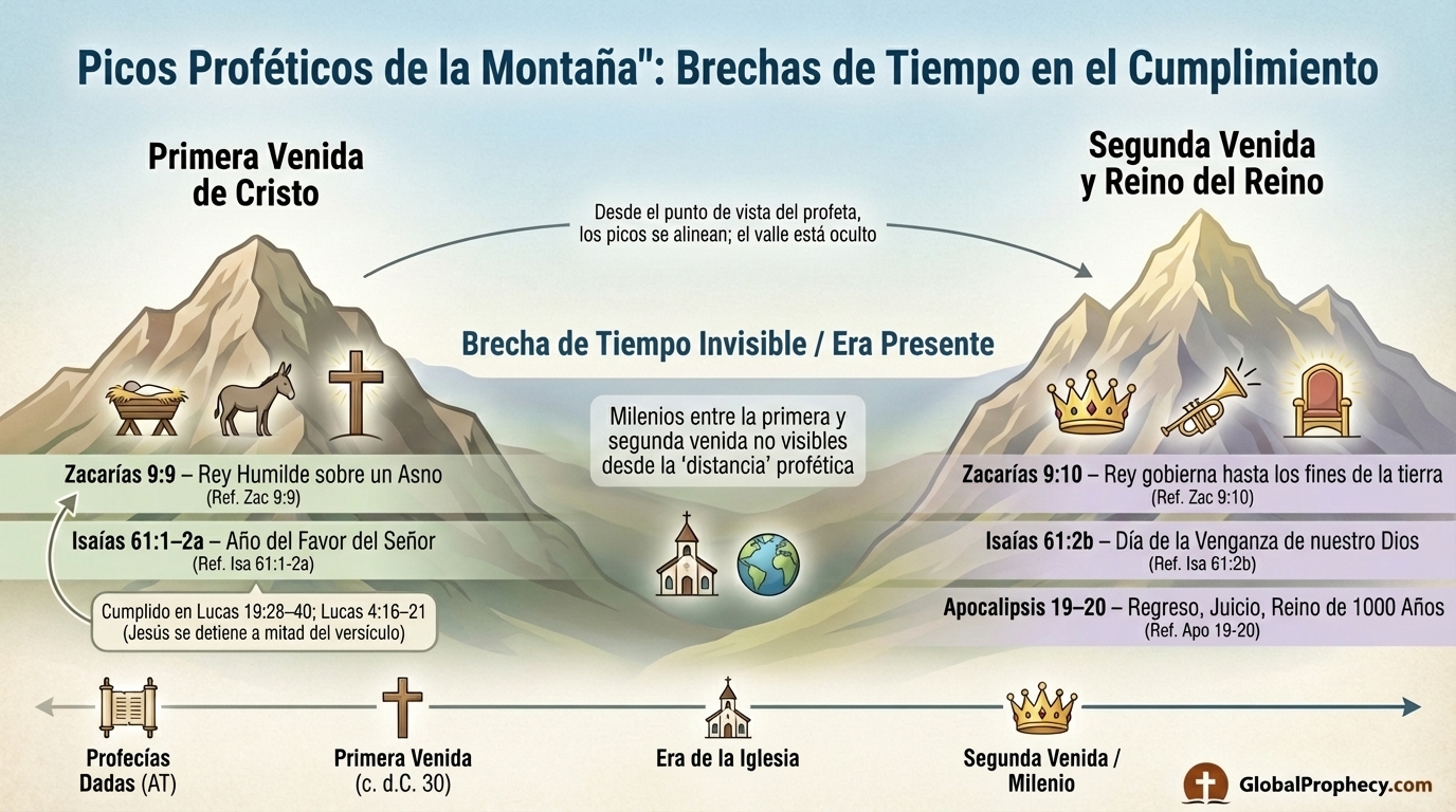 Infografía de picos montañosos proféticos que muestran los intervalos de tiempo entre la primera y la segunda venida de Cristo.