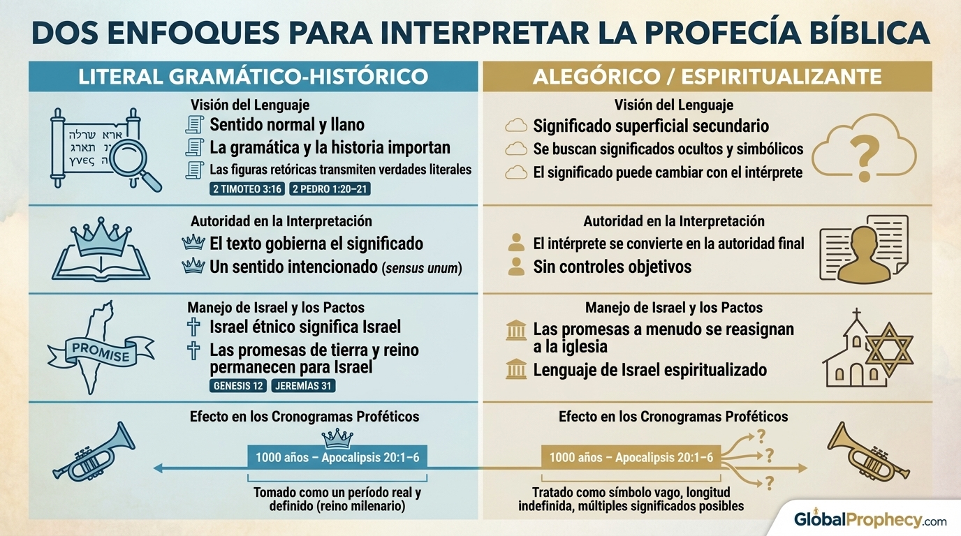 Infografía que compara los métodos literal, gramatical-histórico y alegórico de interpretar la profecía bíblica.