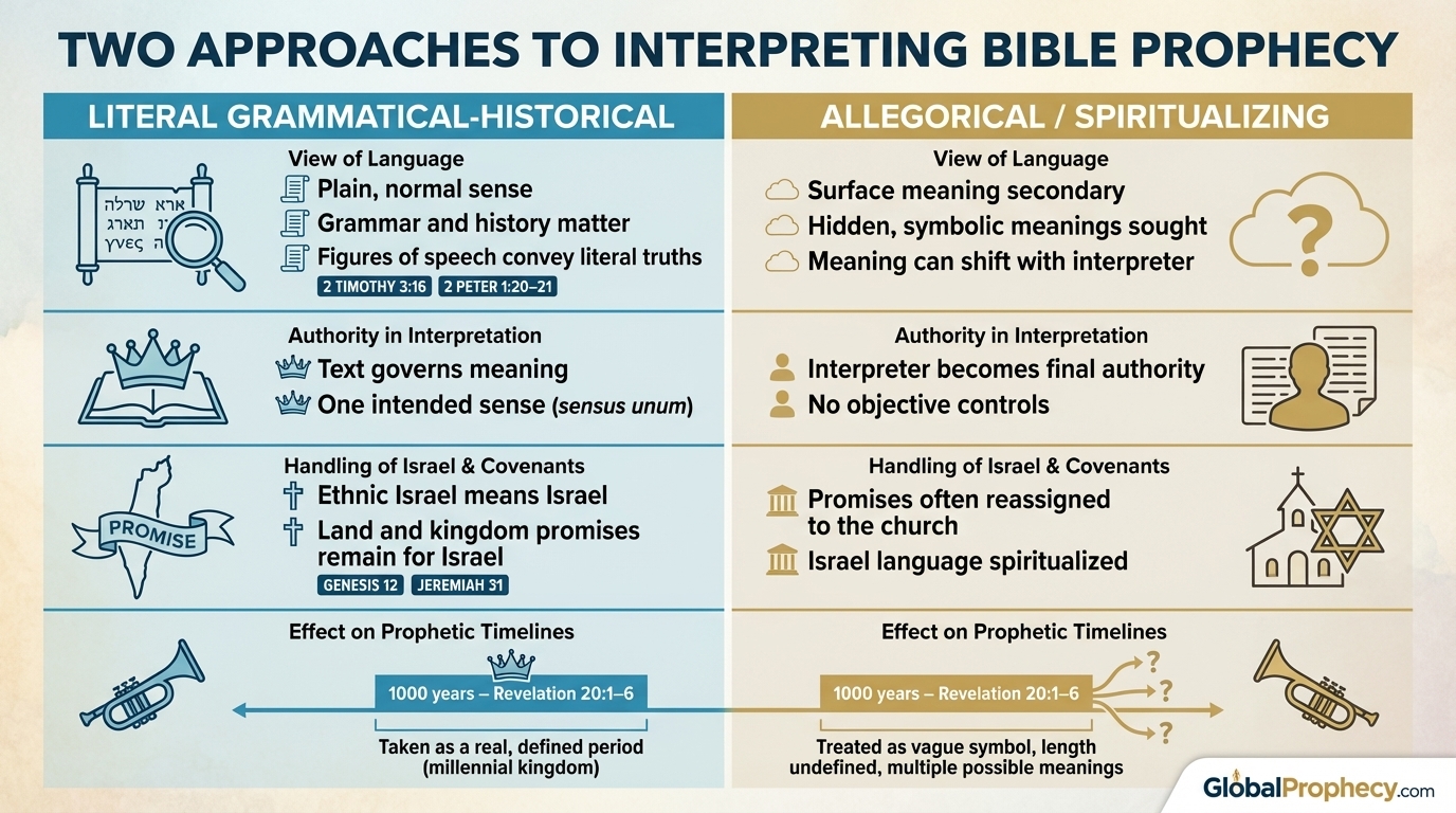 Infographic comparing literal grammatical-historical and allegorical methods of interpreting Bible prophecy.
