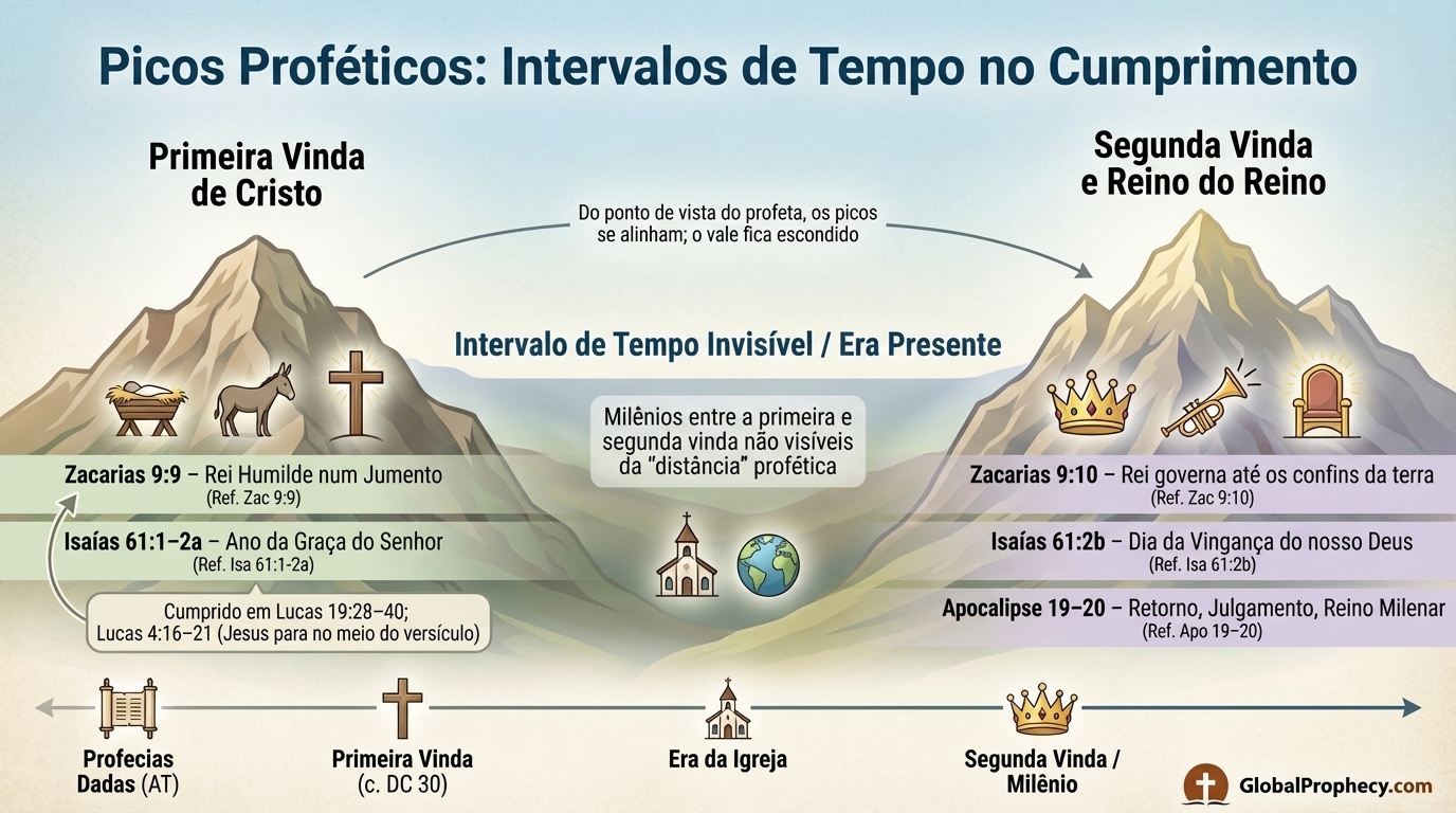 Infográfico de picos montanhosos proféticos mostrando os intervalos de tempo entre a primeira e a segunda vinda de Cristo.